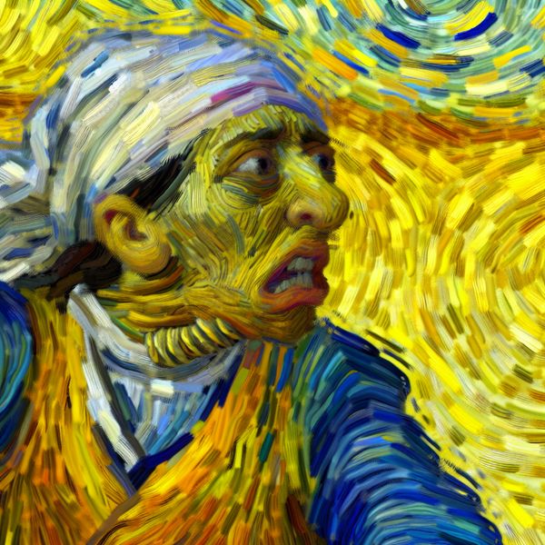 Vrouw met intense gezichtsuitdrukking die haar hoofd scherp kant naar één richting, geschilderd in Van Goghs kenmerkende stijl met zwierige penseelstreken en levendige kleuren