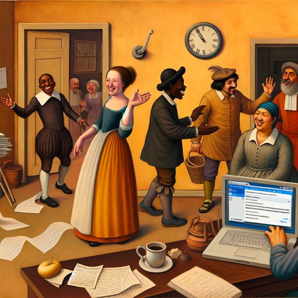 Kantoorbegroetingen en communicatie in een levendige kantooromgeving Een drukke kantooromgeving waar collega's elkaar begroeten met een handdruk en verfrissende gesprekken, weergegeven in warme aardetinten.