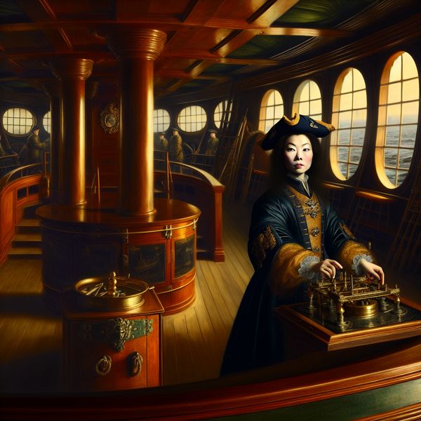Kapitein aan het roer van een 17e-eeuws schip - Vermeer-geïnspireerde scheepsleiding Kapitein in 17e-eeuws scheepsinterieur aan het roer van een groot zeilschip, Vermeer-stijl schilderij