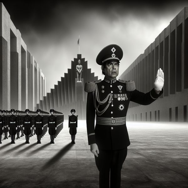 Kapitein in Nederlands leger geeft commando aan soldaten - surrealistisch portret Hyperrealistisch schilderij van een kapitein in Nederlands militair uniform die een handgebaar geeft aan soldaten op een paradeplaats, surrealistische stijl van Carel Willink