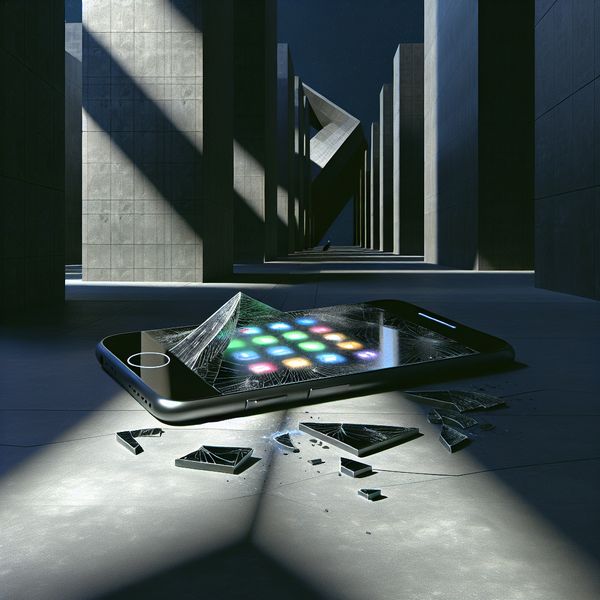Kapotte smartphone in surrealistische stadsscène - symboliek van technologie en fragiliteit Hyperrealistisch surrealistisch tafereel van een kapotte smartphone op de grond in een monumentale stedelijke omgeving, met zichtbare glitches en gebarsten scherm
