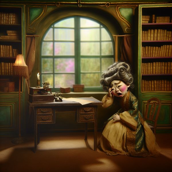 Karakter met hoofdpijn aan vintage bureau Een karakter in vintage kleding dat aan een bureau zit en zijn hoofd vasthoudt van ongemak, omringd door een betoverende kamer vol sprookjeselementen.