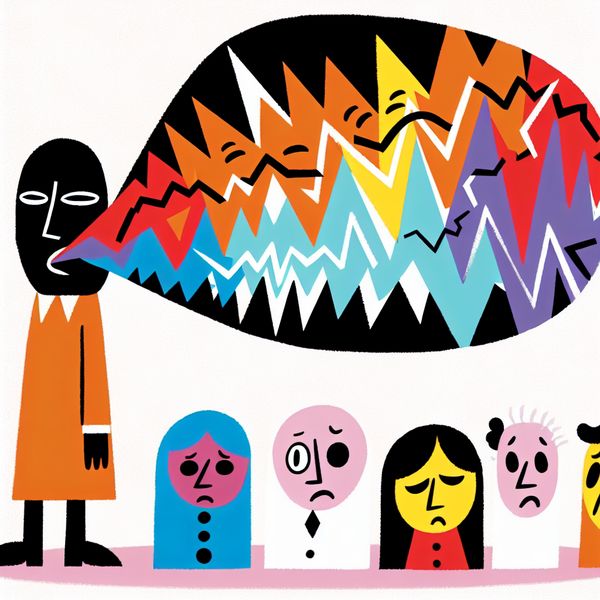 Karakter met scherpe opmerkingen in sociale setting Minimalistische illustratie van een karakter in een sociale setting met scherpe opmerkingen, weergegeven door gekartelde geluidsgolven. Andere figuren reageren met verwonderde en ontevreden gezichten.