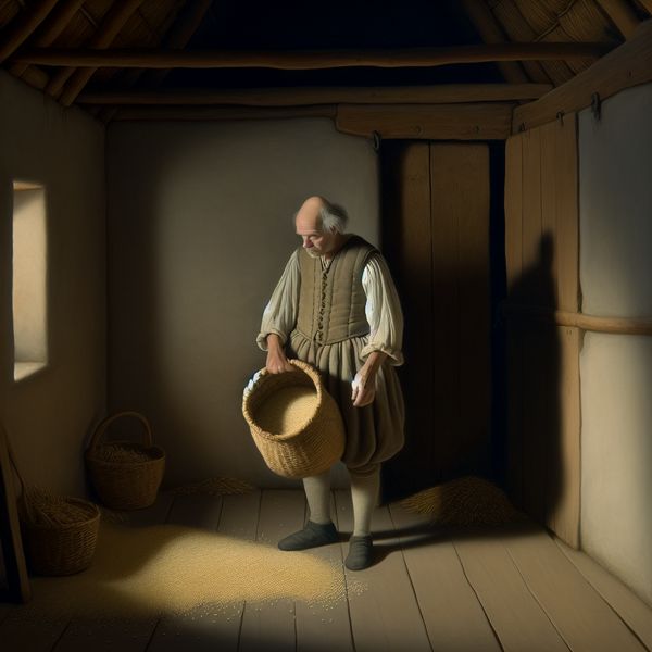 Karige oogst: teleurstellend resultaat in historische Nederlandse schuur 17e-eeuwse Nederlandse boer met bijna lege oogstmand in sobere schuur, symboliserend karig resultaat