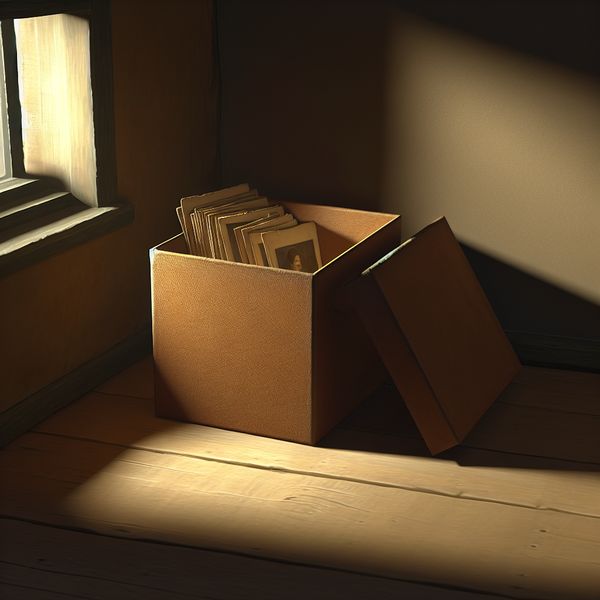 Serene zolderkamer met een open kartonnen doos vol oude sepia foto's, Vermeer-stijl met zacht licht en nostalgische sfeer