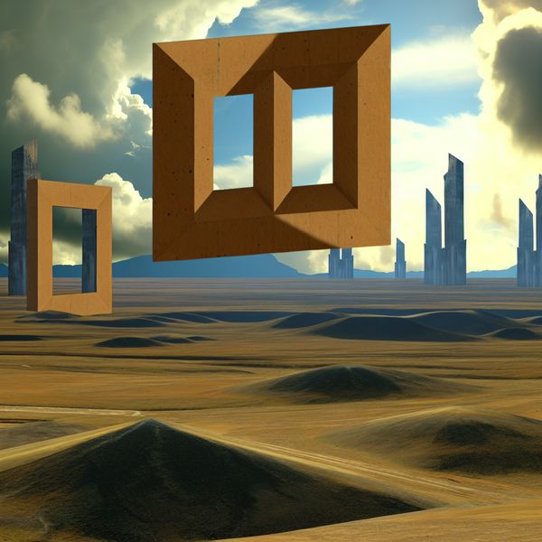 Hyperrealistisch beeld van een groot kartonnen vierkant in een surrealistisch landschap, met vier hoeken die in de lucht uitsteken.