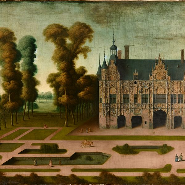 Elegant schilderij van een groot kasteel met een uitgestrekt park erachter, ter illustratie van de locatie 'achter' in het Nederlands