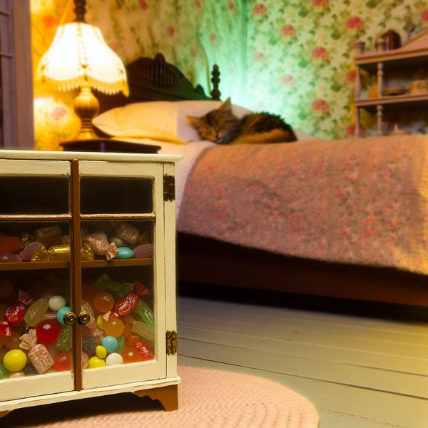 Persoonlijk kastje voor snoep in een gezellige slaapkamer Klein sieraad van een kastje voor snoep met glazen deuren, gevuld met kleurrijke snoepjes, naast een bed in een warme slaapkamer.