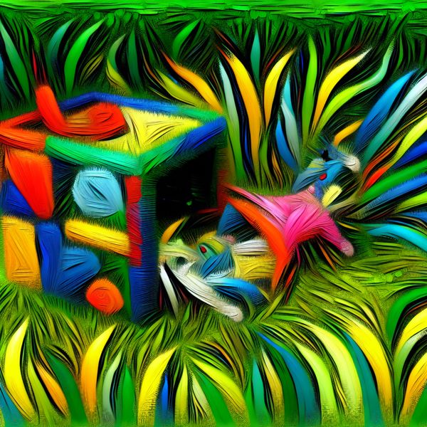 Speelse Kat in Kleurrijk Compartiment in Abstracte Tuin Een speelse kat die zich ontspant in een kleurrijk en fantasierijk hokje in een abstracte tuin.