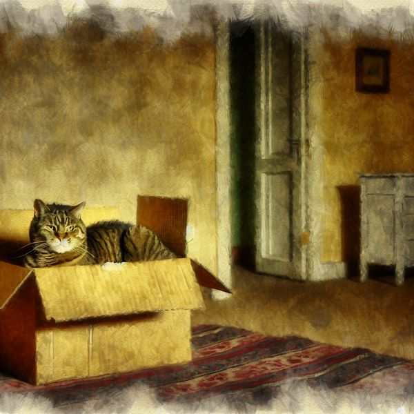 Kat in Kartonnen Doos in Gezellige Kamer Europese korthaar kat in een kartonnen doos in een gezellige kamer