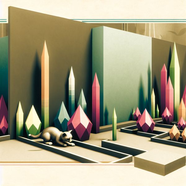 Retro-futuristische kat in een smalle tuin Een nieuwsgierige kat kruipt voorzichtig door een smalle tuinpad omringd door geometrisch gevormde planten.