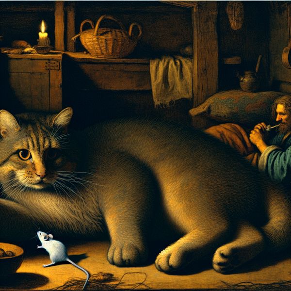 Dier als levend wezen: kat en muis in huiselijke setting met emotionele diepgang Intiem moment van een persoon die een grote, genegen kat aait terwijl de kat vriendelijk naar een klein muisje kijkt, in Rembrandt-stijl met warm licht en diepe schaduwen