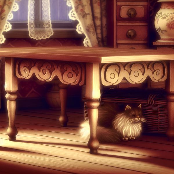 Knusse kamer met houten tafel waaronder een pluizige kat comfortabel ligt, vintage stijl van Anton Pieck