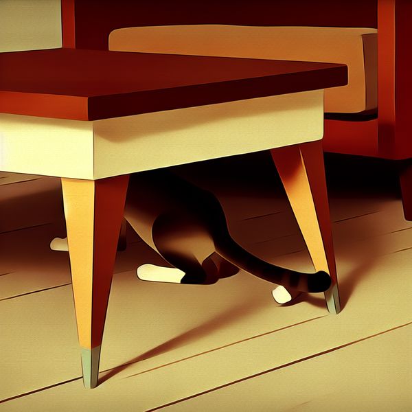 Kat onder tafel - Illustratie van het voorzetsel 'onder' voor taalonderwijs Illustratie van een kat die zich onder een houten tafel verstopt, ter illustratie van het woord 'onder' in een taalcontext