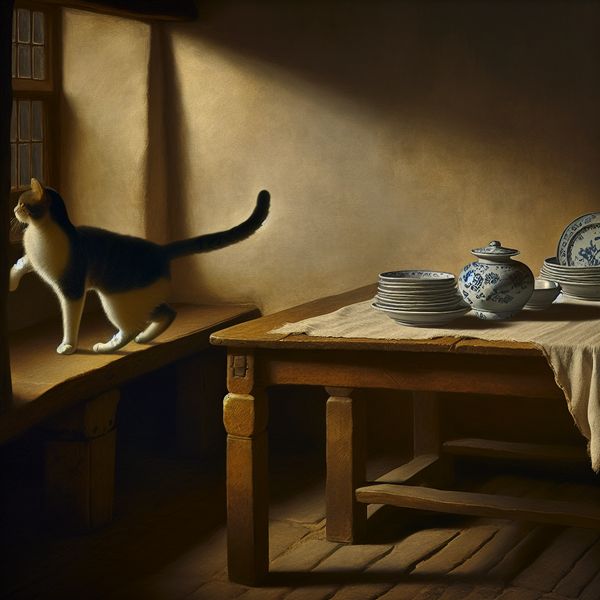 Elegante Kat in Vermeerachtig Interieur met Delfts Blauw Kat draait sierlijk om tafel met Delfts blauwe servies in sfeervol interieur.
