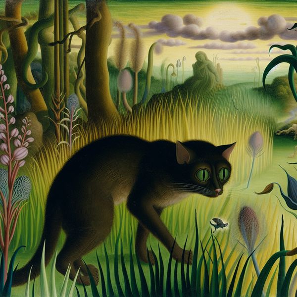 Kat die stilletjes door gras sluipt Een kat sluipt stilletjes door het hoge, groene gras terwijl het gericht is op een klein, fantasierijk wezen.