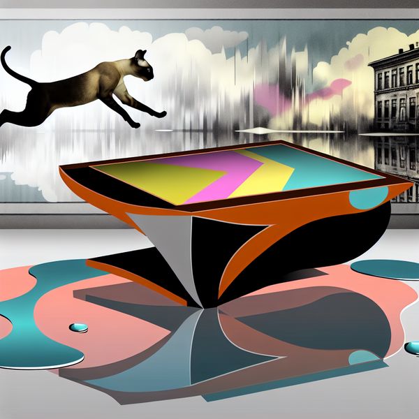 Kat springt boven een retro-futuristische tafel Een elegante kat die in een retro-futuristische setting over een felgekleurde, geometrische tafel springt.