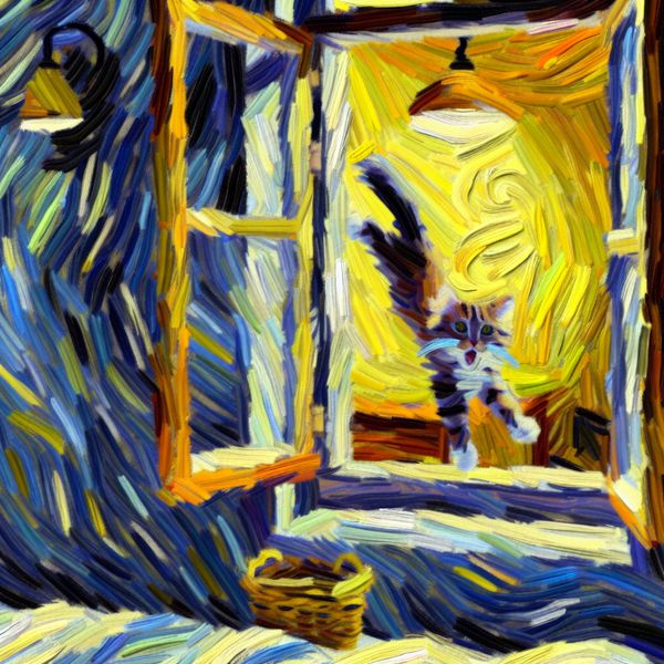 Kleurrijke Van Gogh-achtige schildering van een nieuwsgierige kat die door een open raam springt, van buiten naar binnen