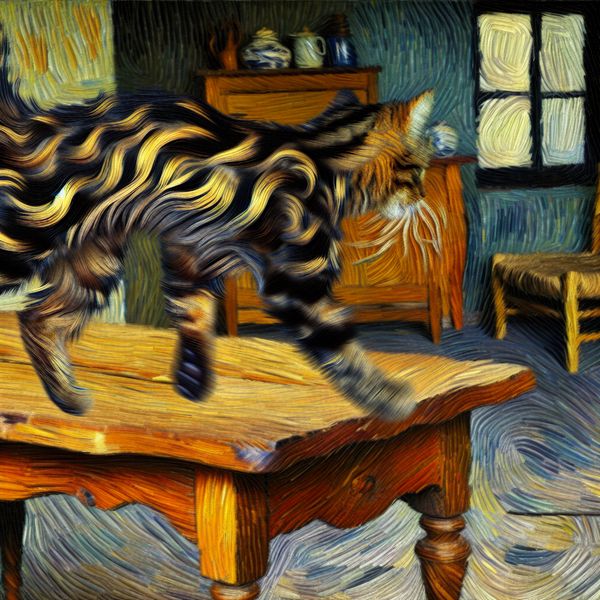 Kat springt weg van tafel - Van Gogh geïnspireerde schilderkunst voor taal leren Dynamische schildering van een kat die weg springt van een houten tafel in Van Gogh-stijl met zwierige penseelstreken en levendige kleuren