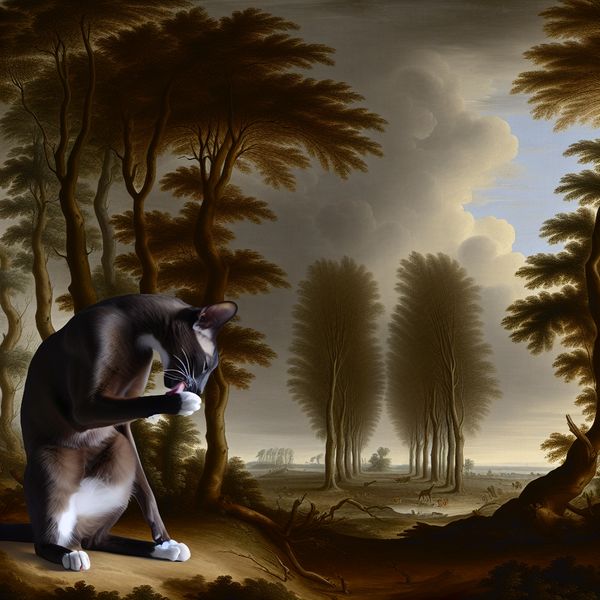 Kat verzorgt zichzelf in klassiek Nederlands landschap - terugverwijzing uitleg 17e-eeuws Nederlands landschap met kat die zichzelf verzorgt in een bosrijke omgeving, ter illustratie van terugverwijzing in taal