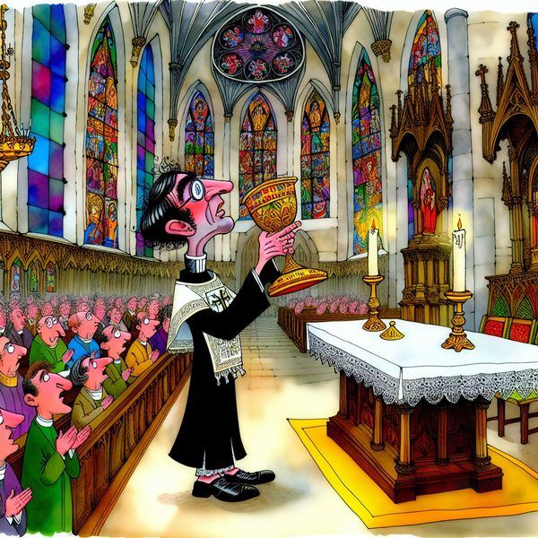 Vrolijke cartoonillustratie van een katholieke priester die de zondagsmis leidt in een rijkversierde kerk met kleurrijk licht van gebrandschilderde ramen