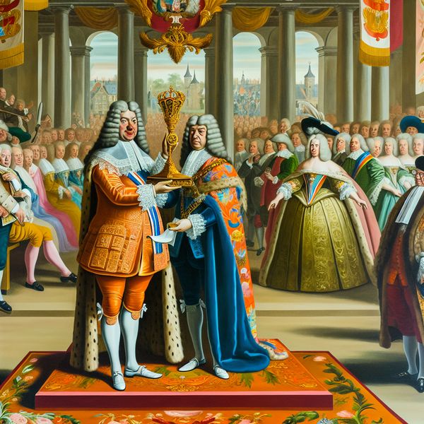 Een keizer ontvangt een prestigieuze prijs in een kleurrijke ceremonie.