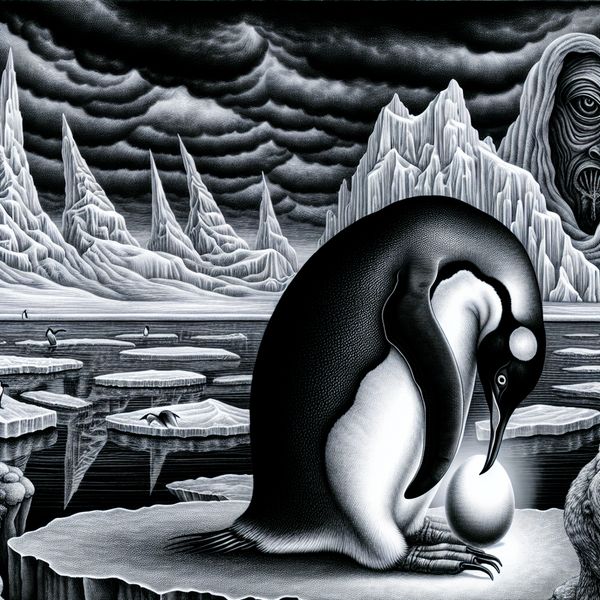 Mannelijke keizerspinguïn broedt zorgvuldig een ei uit in een ijzig Antarctisch landschap, symbolisch voor toewijding en bescherming in de natuur