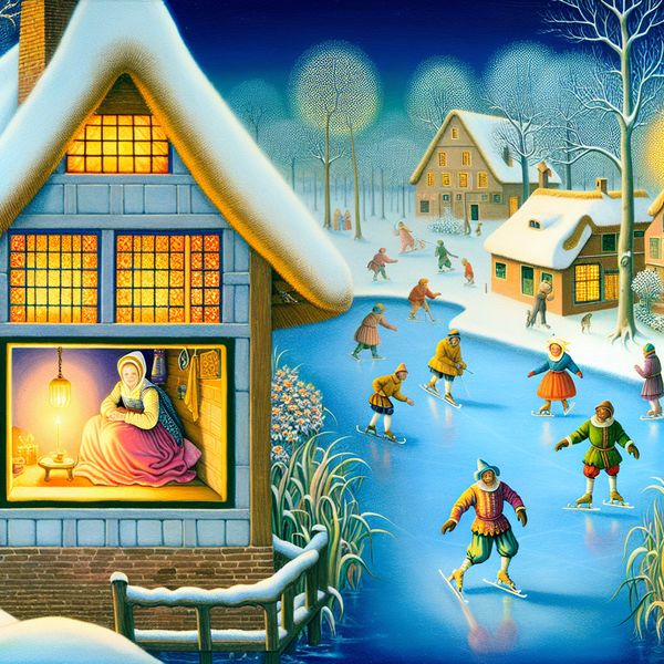 Vrouw rust vredig in een warme cottage terwijl een man veilig schaatst op het bevroren kanaal buiten, symboliserend kennis en bewustzijn van veiligheid in een winterse scène in de stijl van Hendrick Avercamp