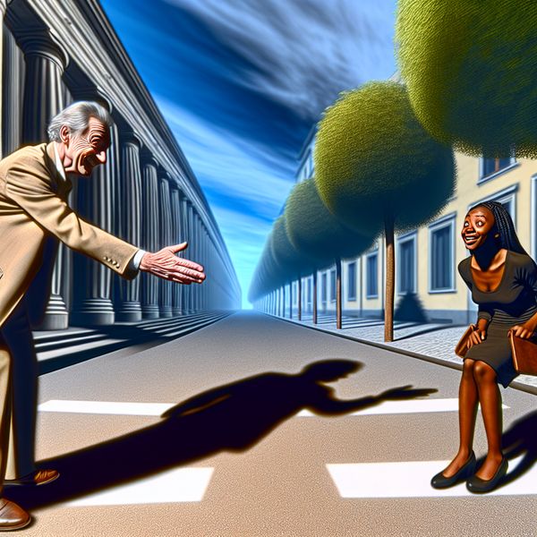 Warm Welkom op de Straat: Een Kennis Ontmoeten Twee mensen begroeten elkaar op straat onder een boom, met surrealistische architectuur op de achtergrond.