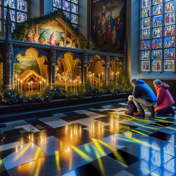 Het interieur van een prachtig versierde kerk tijdens de Kerstperiode, met een indrukwekkende kerststal en mozaïeken van licht van kleurrijke glas-in-loodramen.