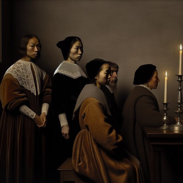 Kleine groep mensen in een sfeervolle, kaarsverlichte kerk, gekleed in verfijnde kleding met zachte stoffen zoals kant, fluweel en wol, die een gevoel van eenheid en gedeelde spiritualiteit uitstralen