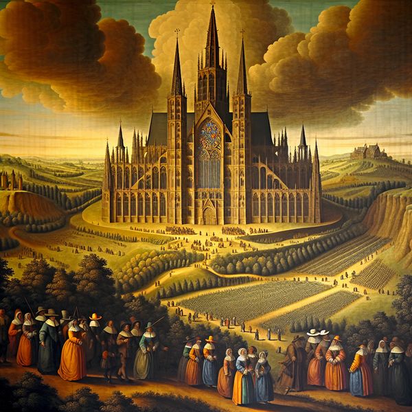 17e-eeuws Hollands landschap met gotische kathedraal en kerkgangers, symboliserend lidmaatschap van een kerkgenootschap