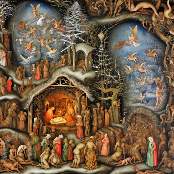 Surrealistisch kersttafereel in de stijl van Jheronimus Bosch met een stralende kerststal, engelen, herders en bizarre fantasiewezens die Kerstmis vieren