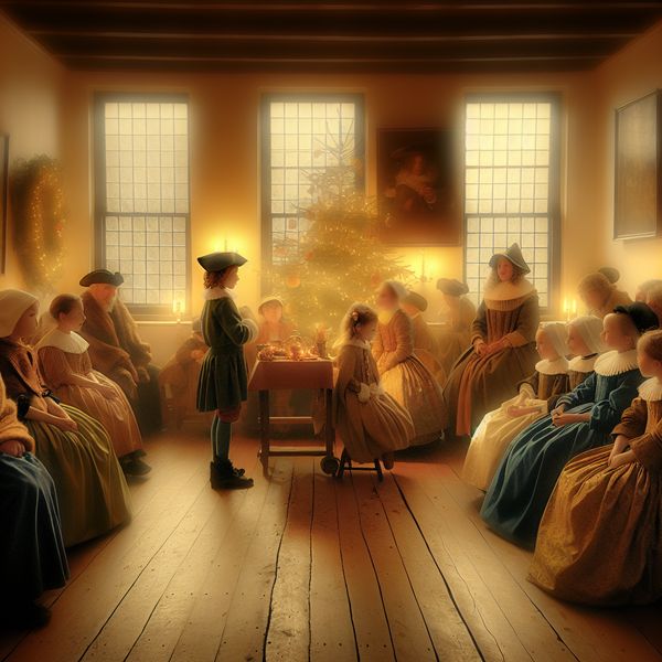 Kerstfeest op school met kinderen die optreden op een bescheiden podium, omringd door ouders en leerkrachten in een sfeervol versierde zaal in de stijl van Johannes Vermeer