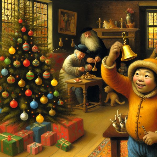 Vrolijke kerstkamer met kinderen en een belletje Een jongen met een lach op zijn gezicht schudt een kleine bel die aan een kerstboom hangt, in een vrolijke kamer versierd voor Kerstmis.