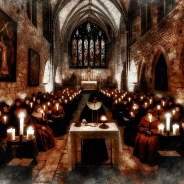 Solemn Christmas Mass in Gothic Church Priester in donker verlichte kerk tijdens kerstmis, omringd door kaarslicht