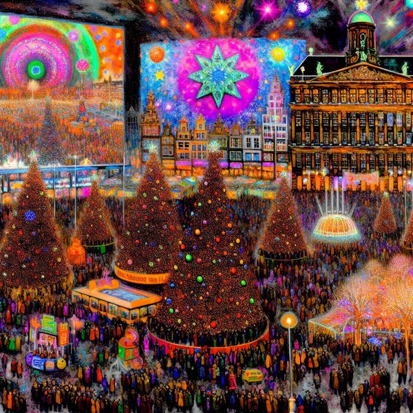 Drukke stadsplein tijdens een kerstviering met kleurrijke versieringen en grote kerstbomen
