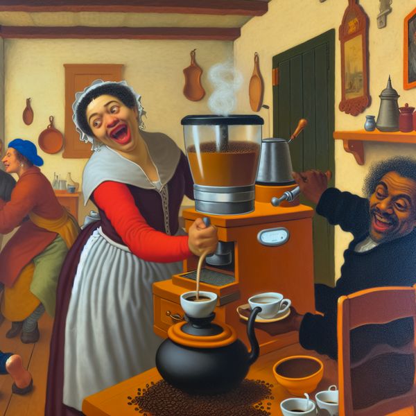Humoristische Keuken met Borrelende Koffiemachine Een levendige en humoristische keuken met een borrelende koffiemachine en blije personages die koffie bereiden.