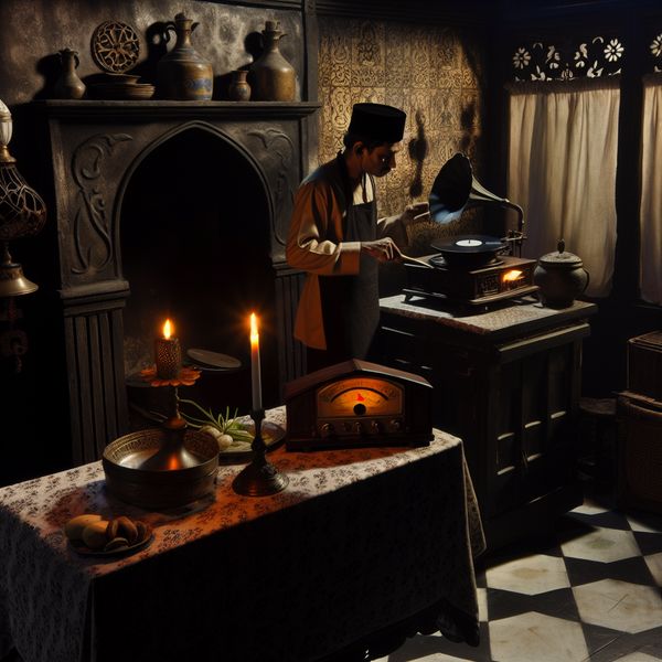 Keukenmoment met vintage platenspeler en gothic elementen Een persoon in een donker verlichte keuken staat naast een fornuis, luistert naar een vintage platenspeler en kookt in een mysterieuze sfeer.