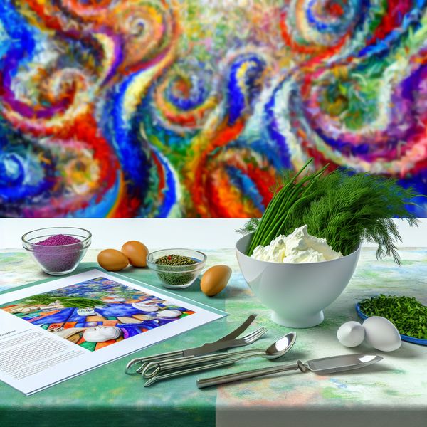 Vibrante Keuken met Quark en Verse Ingrediënten Een kleurrijke keuken met een grote kom quark omringd door verse kruiden en kookgerei.