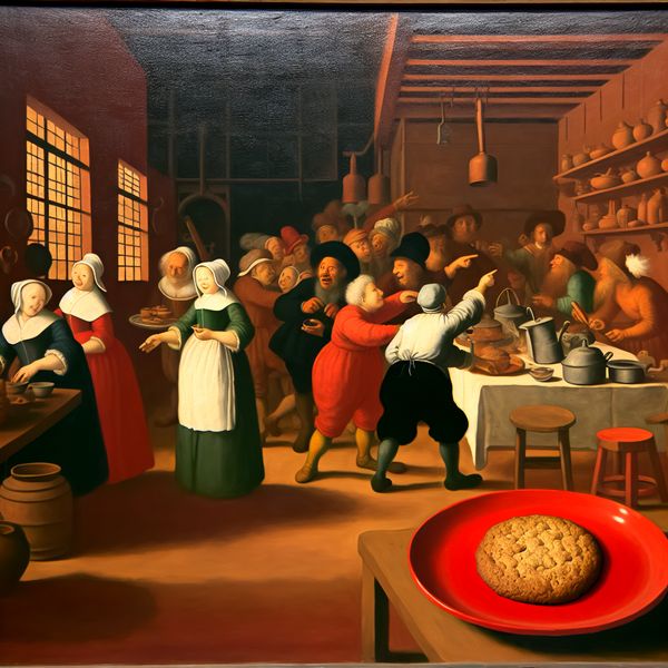 Keuken scene met enkele koek op rode schaal Een levendige keuken met een tafel waarop een enkele koekje op een felrode schaal ligt, terwijl verschillende personages druk bezig zijn met koken op de achtergrond.