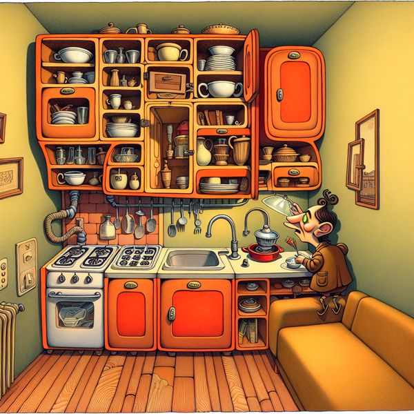 Klein, gezellig keukenblok in een studioappartement met cartoonachtige details en een speelse sfeer
