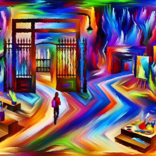 Keuze en Hulp: Abstracte Beeld van Leren in Creativiteit Abstract expressionistische afbeelding van een jongere die voor een keuze staat tussen een traditionele klas en een creatieve ruimte vol kunstbenodigdheden.