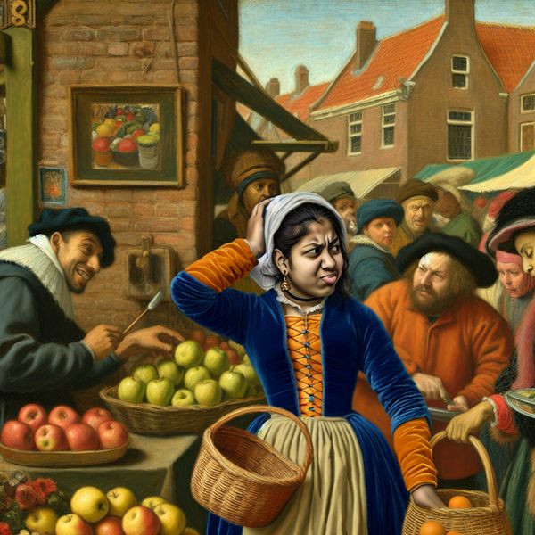 Keuzestress in de Markt: Jonge Vrouw met Onzekerheid Een jonge vrouw in een drukke markt met een nieuwsgierige blik, staand voor twee kraampjes die appels en sinaasappels verkopen, een mand in haar hand en de andere hand aan haar hoofd.