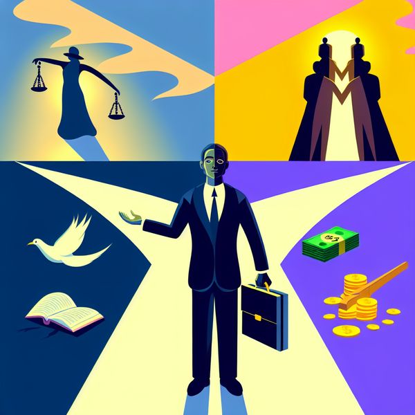 Uitbuiting versus idealen: keuze tussen principes en eigenbelang in retro-futuristische stijl Retro-futuristische illustratie van een persoon die bij een kruispunt staat tussen idealen en uitbuiting, symboliserend het verraad van principes voor eigen gewin