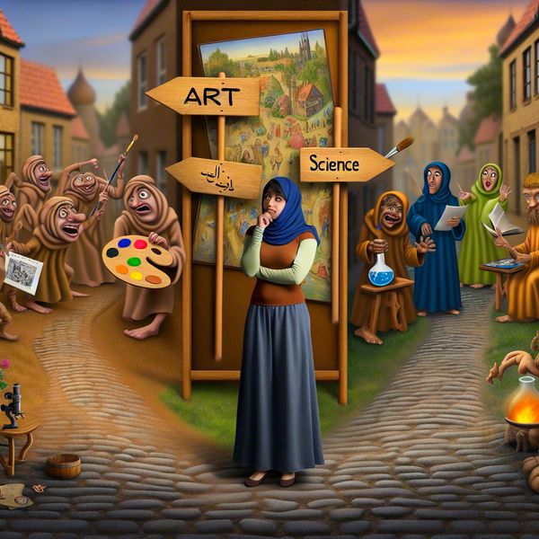 Kruispunt van keuzes in leren: Kunst vs. Wetenschap Een jonge vrouw staat op een kruispunt met twee paden leidend naar 'Kunst' en 'Welzijn'.