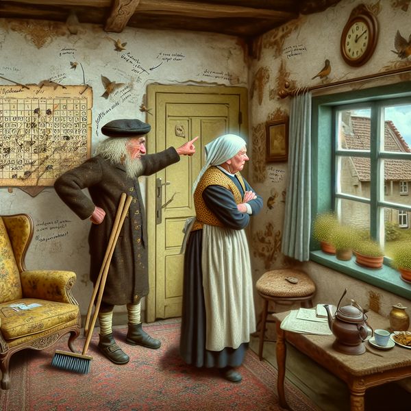 Kibbelen betekenis: gezellige ruzie tussen ouderen over kleine dingen Oud echtpaar kibbelt gezellig in een nostalgische woonkamer over een klein tuinprobleem, in de stijl van Anton Pieck