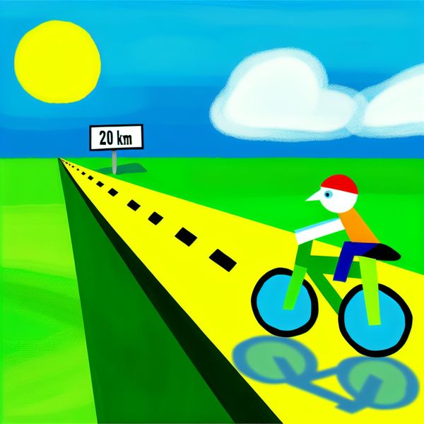 Kilometer uitleg: afstand meten in kilometers voor taal- en rekenles Minimalistische illustratie van een kinderfiets op een zonnige weg met een afstandsbord van 20 km, ter visualisatie van de afstandsmaat kilometer