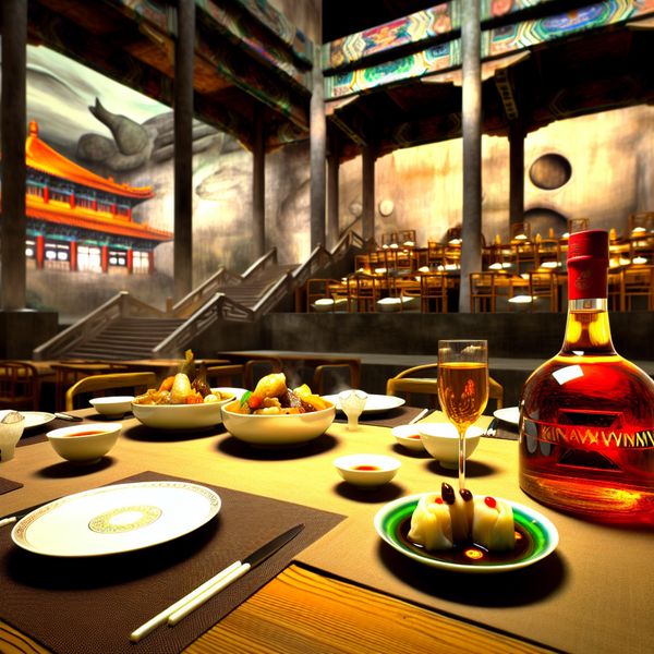 Hyper-realistische weergave van een prachtig gedekte eettafel in een Aziatisch restaurant met een fles kinawijn en dim sum gerechten.