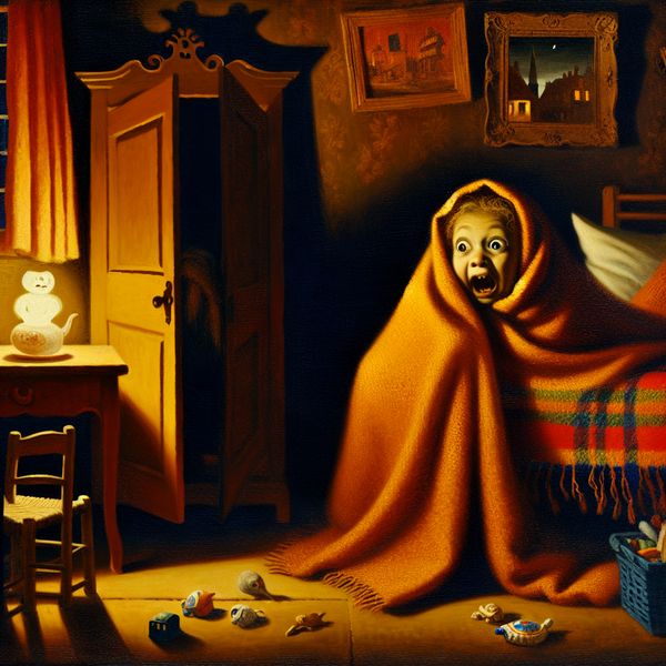 Kind met angst voor het donker in schilderijstijl van Jan Steen Kind verstopt zich onder een deken in een chaotische slaapkamer, kijkt angstig naar schaduwen in het donker in de stijl van Jan Steen